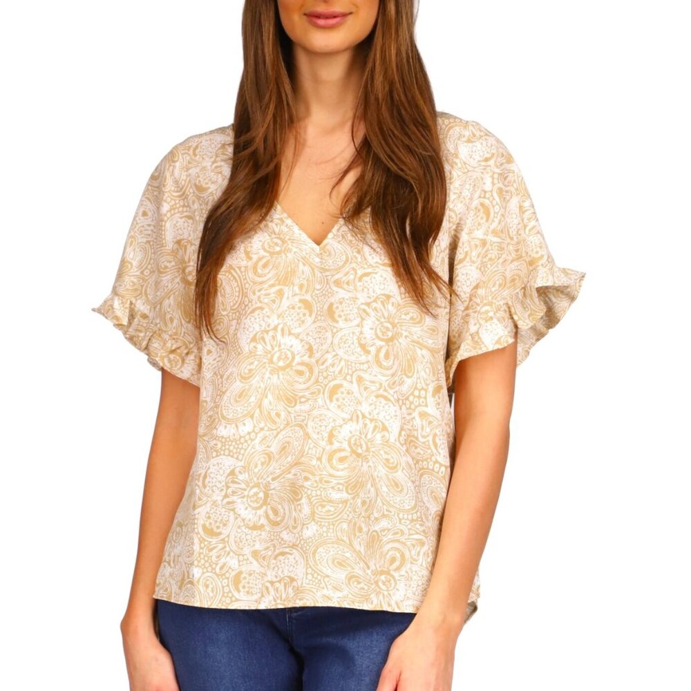 Michael Michael Kors Women's Paisley-Print Ruffled Top S, Khaki